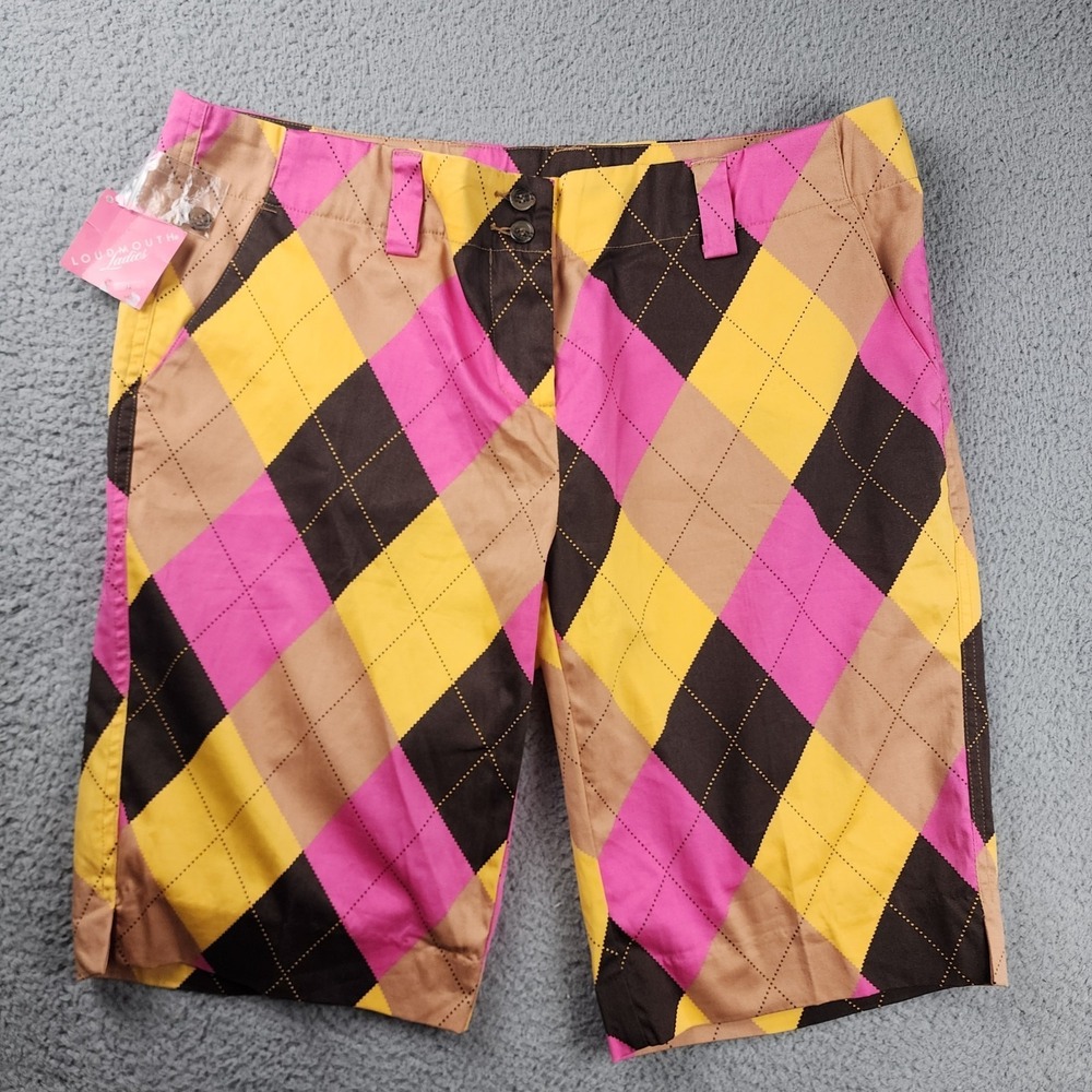 Nwt Loudmouth Shorts Womens 12 Golf Pink 36" Brown Argyle Diamond Performance XL